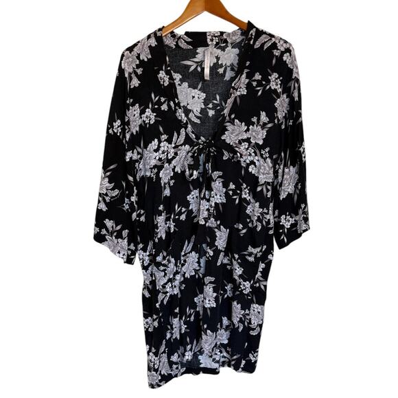 Spiritual‎ Gangster Kimono Women Large Black Maya Floral Tie Front Boho Fairy - Picture 1 of 8